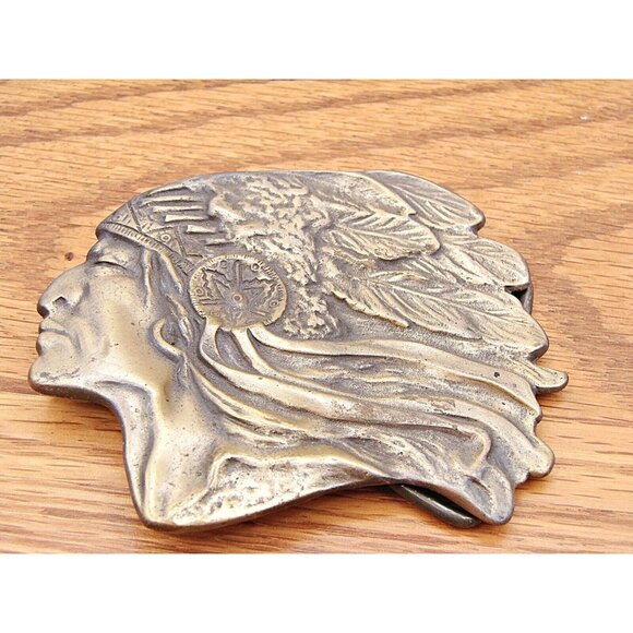 Native American Chief Headdress Belt Buckle Bronze Brass Detailed Work of Art - Picture 2 of 10